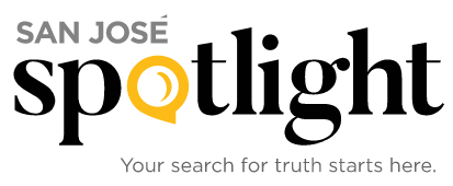 SAn Jose Spotlight masthead - black yellow and grey text on white field - 'SAN JOSE spotlight Your search for truth starts here.'