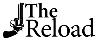 Masthead - text 'The Reload' and black graphic of silhouette of a revolver - black text on white field